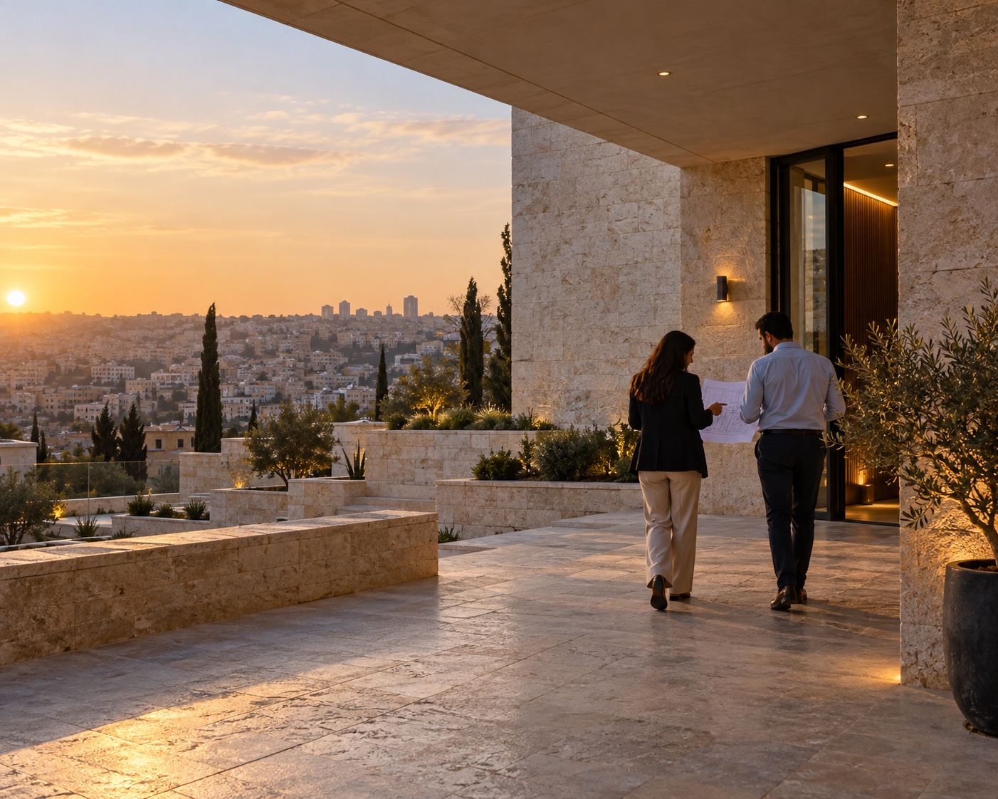 Project professionals reviewing plans at a contemporary property overlooking Amman at sunset